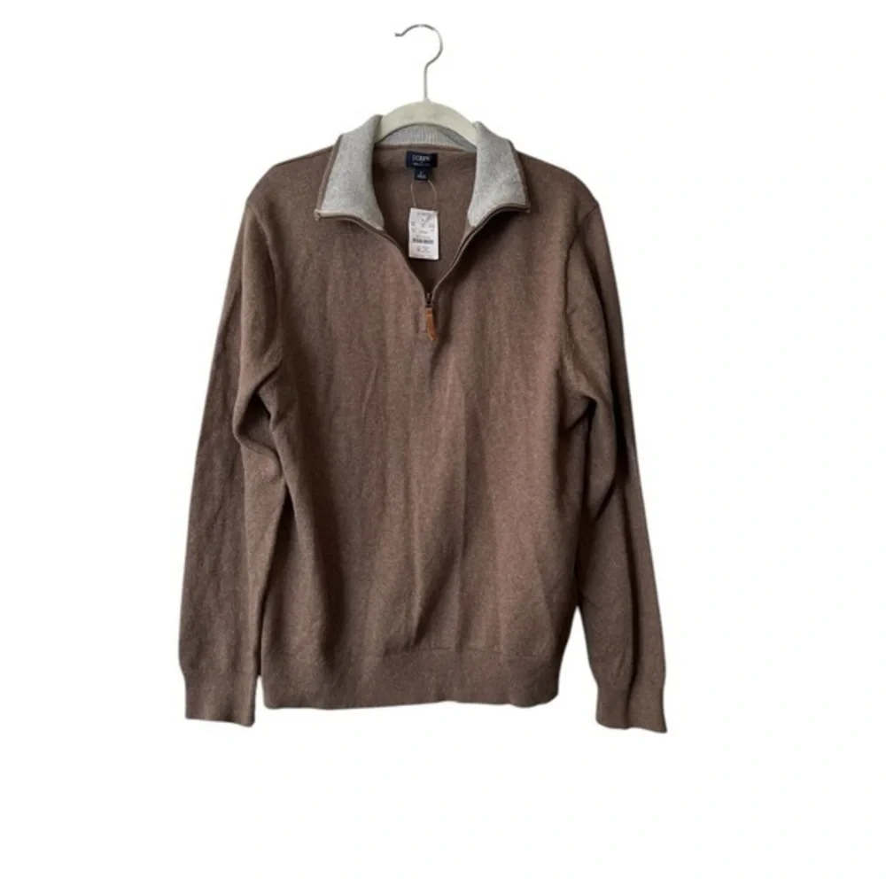NWT! J.Crew 100% Cotton Half Zip Sweater, Med. Brown w/ Gray Collar BF091